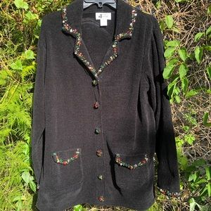 Vtg Black Jeweled Button Down Christmas Sweater